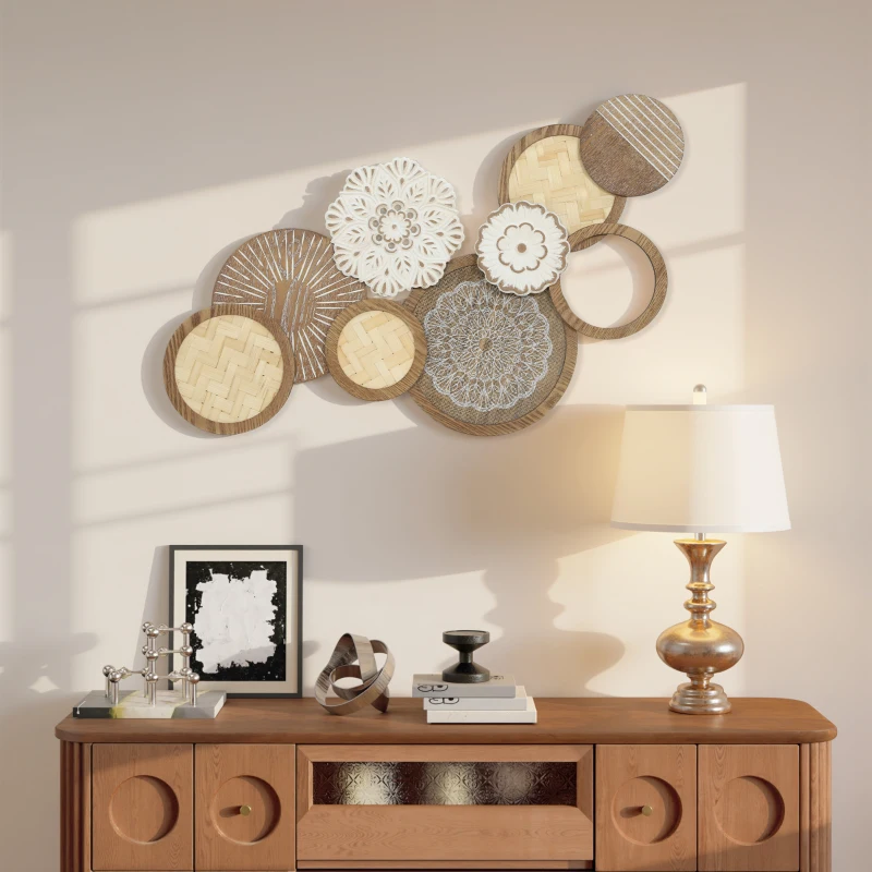 HOMCOM Décoration murale en bois, sculpture murale en bois, design unique à plusieurs disques, 83,8 x 44,5 cm, bois naturel