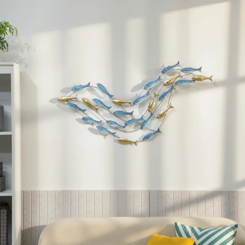 HOMCOM Décoration murale en métal moderne, sculpture murale en métal avec motif de poisson unique, 100 x 50 cm, bleu clair