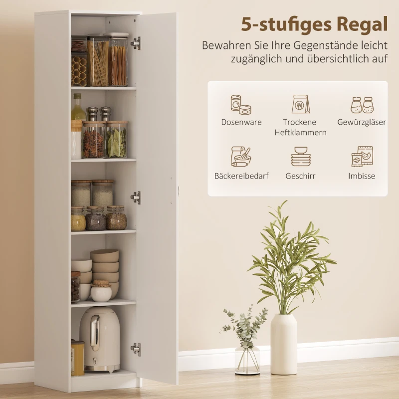 HOMCOM Keukenkast, 5-niveaus opbergkast, verstelbare planken, voor woonkamer, keuken, voorraadkast, hout, wit