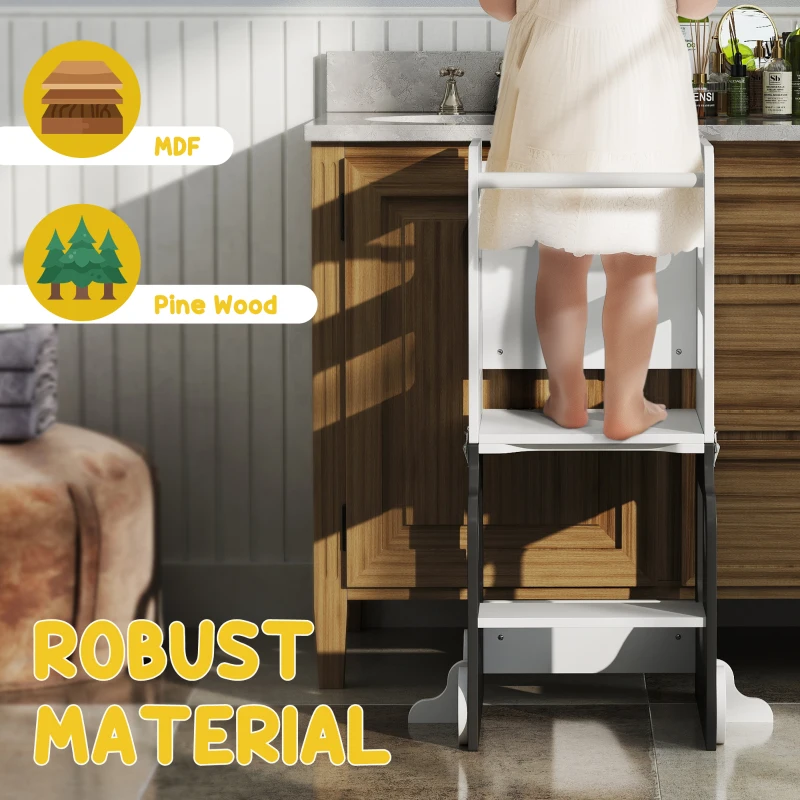 AIYAPLAY Toddler Step Stool, 4 in 1 Standing Tower, Foldable Toddler Step with Safety Rail, for Kitchen, Bathroom, Grey