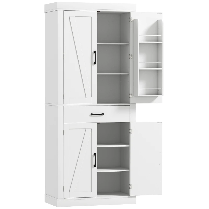 HOMCOM Dispensa Cucina in stile Country con 2 Armadietti, 6 Ripiani e Cassetto, in Legno, 76x39.5x183.5 cm, Bianco