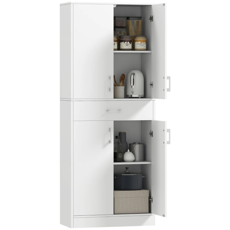 HOMCOM Alacena de Cocina con 4 Puertas 1 Cajón y Estantes Ajustables Antivuelco para Comedor Salón 70,8x34x180cm Blanco y Plata