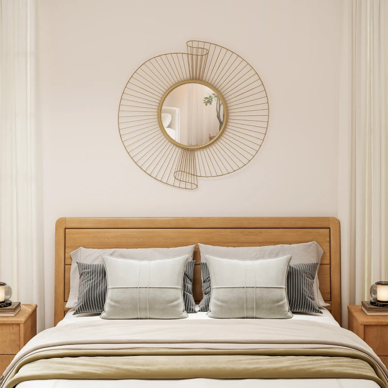 HOMCOM Espejo decorativo redondo 60 cm con fijación a 360°, decoración mural de metal moderna con detalles plisados, dorado