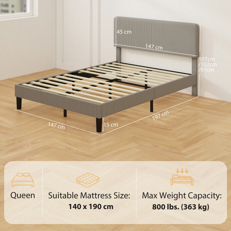 HOMCOM Telaio letto matrimoniale, con rete a doghe in legno, testiera regolabile, imbottito in velluto a coste, 140 x 190 cm, Grigio