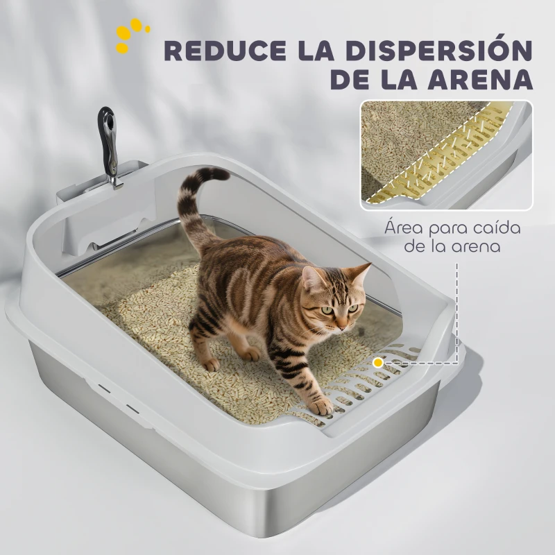 PawHut Arenero para Gatos de Acero Inoxidable XL con Borde Alto Pala Fácil de Limpiar Prueba de Fugas 60,2x40,2x29,7 cm Gris