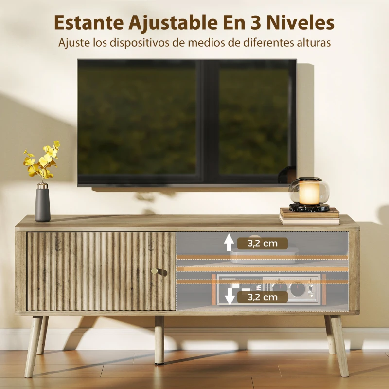 HOMCOM Mesa de TV con Puerta Estante Ajustable Compartimentos Abiertos y Orificio para Televisión hasta 55 Pulgadas Roble