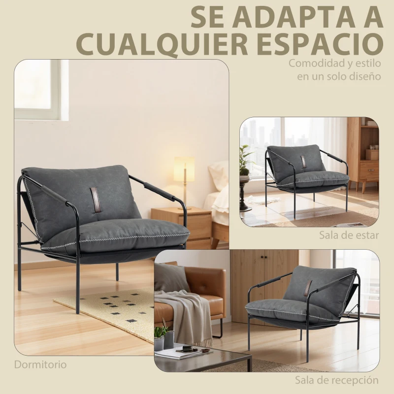 HOMCOM Butaca de Salón Moderna Sillón de Lectura Tapizado en Cuero Sintético Fundas de Cojines Extraíbles Gris Carbón
