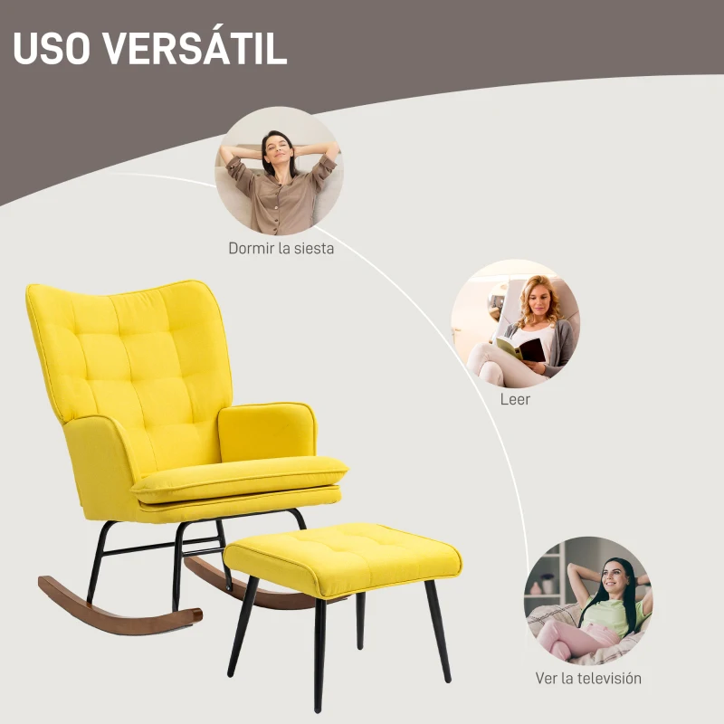 HOMCOM Silla Mecedora con Reposapiés Cojín Acolchado y Reposabrazos Carga 130 kg Amarillo