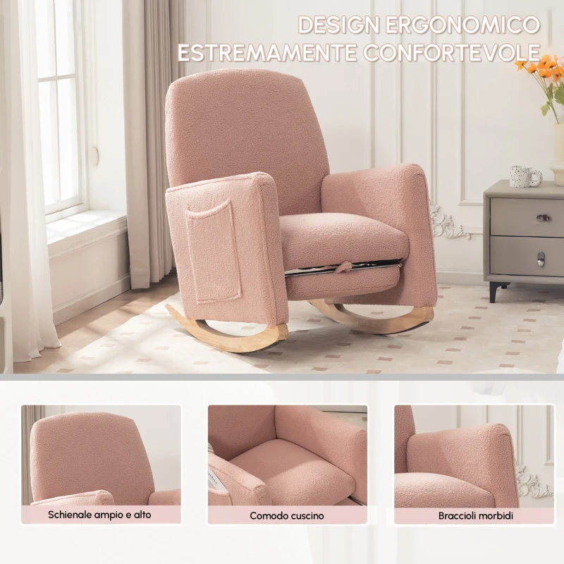 Sedia a dondolo con poggiapiedi e schienale alto, in tessuto Teddy, 67x96-127x96 cm, Rosa