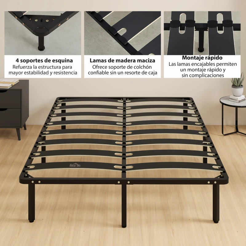 HOMCOM Estructura de Cama 140x190 cm con Marco de Acero Láminas de Álamo y Espacio de Almacenamiento Carga 500 kg Negro