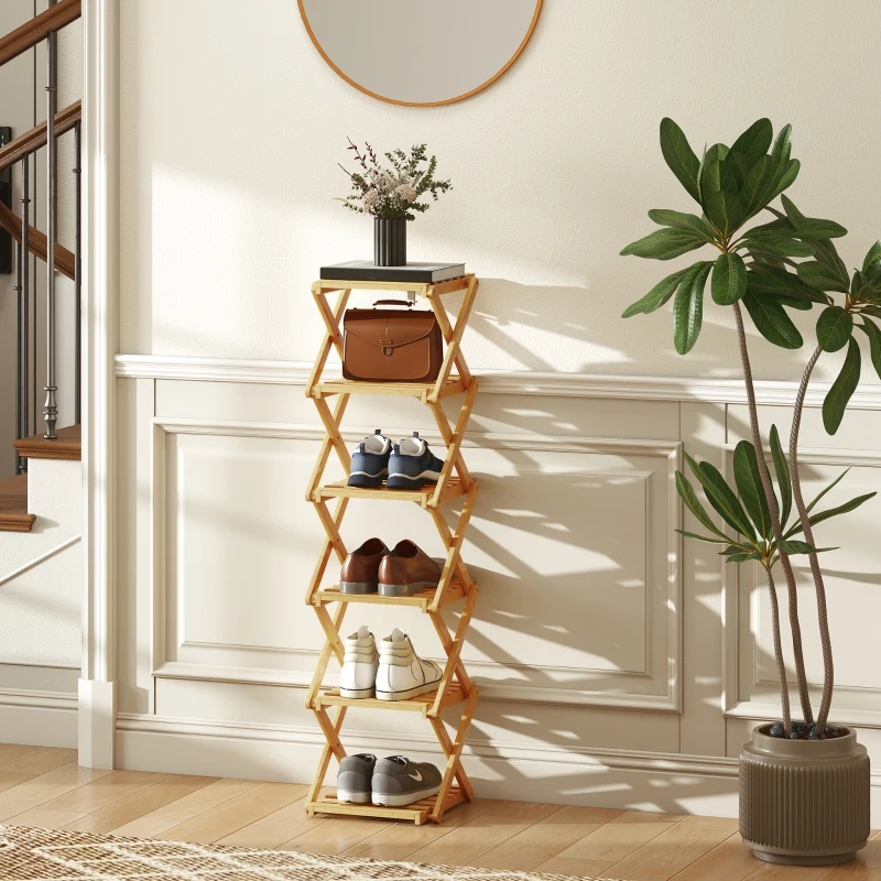 HOMCOM Shoe rack, foldable 6-tier shoe stand made of bamboo, for max. 9 pairs of shoes, 30 x 29 x 108 cm, Natural