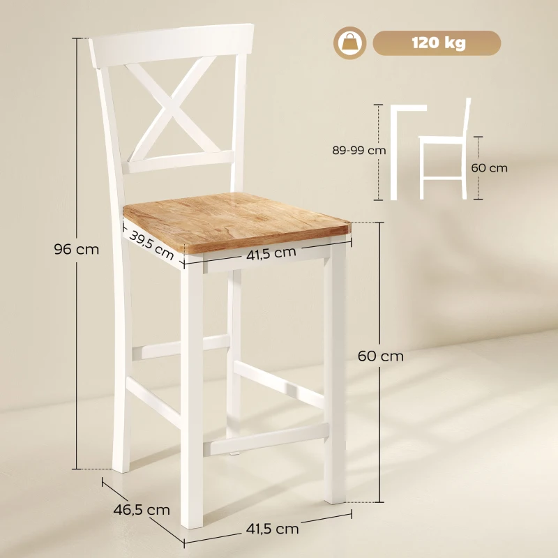 HOMCOM 2er-Set Barstühle mit Rückenlehne und Fußstütze, Kautschukholz, für Küche, Esszimmer, Bar, Eiche+Weiß