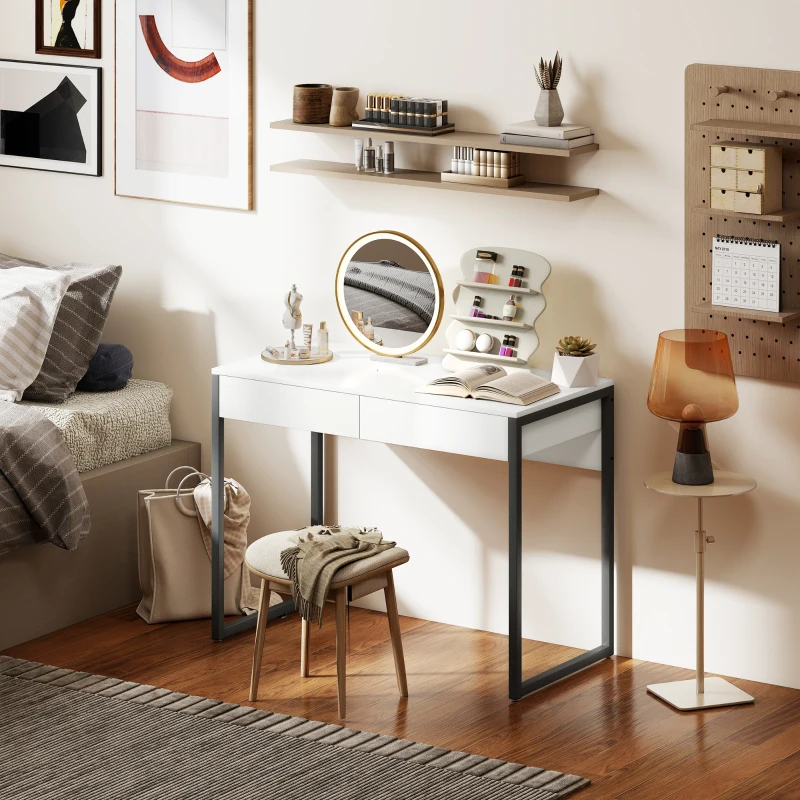 HOMCOM Secretária com 2 Gavetas 100x50 cm Mesa de Computador Pernas de Aço para Casa Escritório Espaços Pequenos Branco Brilhante