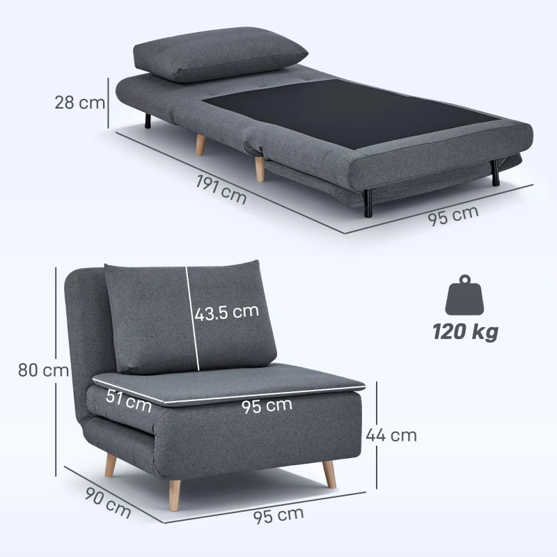 HOMCOM Poltrona letto 3-in-1 con funzione letto, chaise longue, schienale regolabile, gambe in faggio, cuscino, Grigio