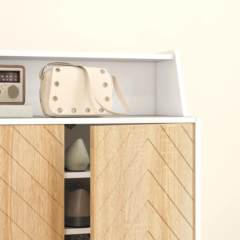 HOMCOM Zapatero Entrada Recibidor con 2 Puertas Estantes Ajustables y Compartimento Abierto 75x35x104 cm Blanco y Natural