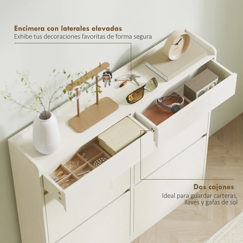 HOMCOM Zapatero Estrecho con 2 Cajones 4 Compartimentos Abatibles y Encimera 98x19,2x95,3 cm Blanco Veteado