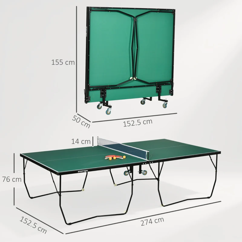 SPORTNOW 9FT Folding Table Tennis Ping Pong Table, Indoor Game Table w/ 8 Wheels, 2 Bats, 3 Balls for Indoor Use, Green