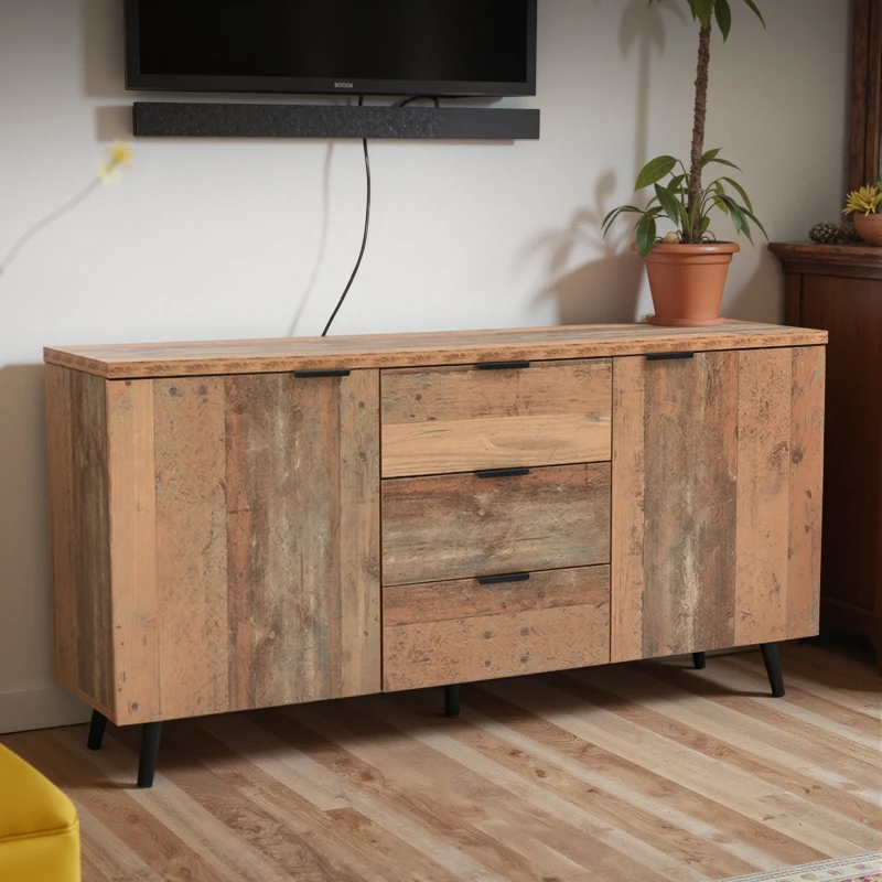 Credenza Vintage in Legno Marrone con 3 Cassetti e Ripiani Regolabili per Soggiorno e Sala da Pranzo, Marrone antico