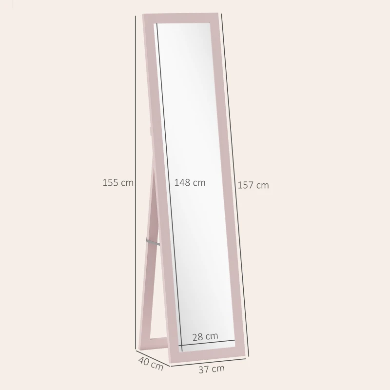 HOMCOM Espelho de Pé 37x155 cm Espelho de Corpo Inteiro Espelho de Parede Retangular com Estrutura de Madeira Rosa Claro