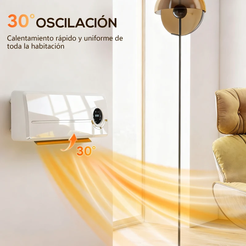 HOMCOM Calefactor Eléctrico Bajo Consumo de Pared 2000W con 3 Modos Pantalla LED Termostato Temporizador y Oscilación Blanco