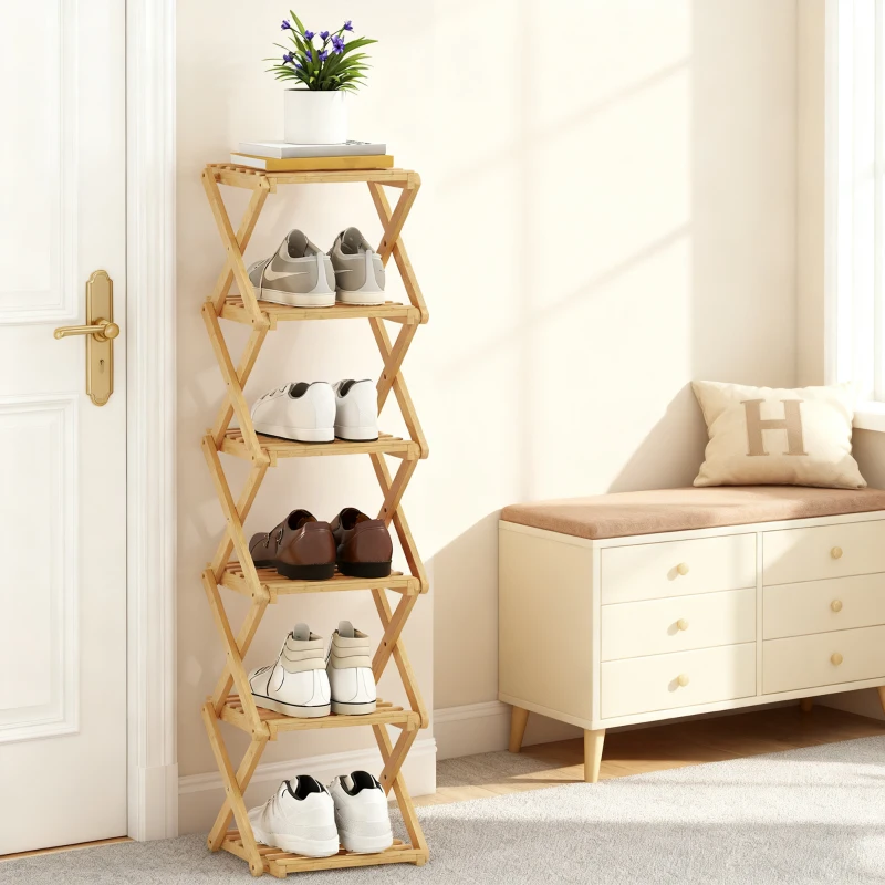 HOMCOM Zapatero plegable, soporte para zapatos de 6 niveles en bambú, para máx. 9 pares de zapatos, 30 x 29 x 108 cm, Madera natural