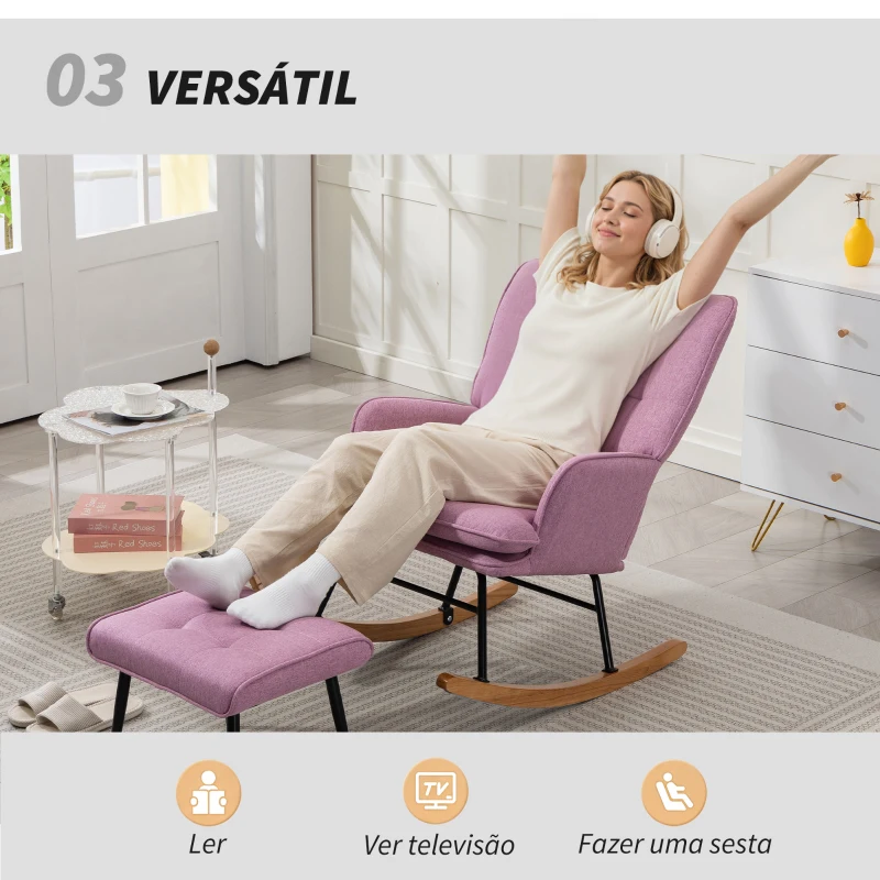 HOMCOM Conjunto de Poltrona Baloiço com Apoio para os Pés Poltrona Relax com Almofada Acolchoada e Anti-Tombo 64x89x90 cm Rosa