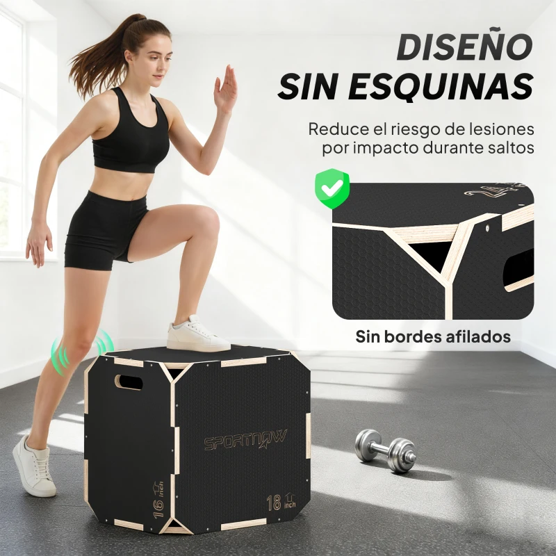 SPORTNOW Cajón Pliométrico de Madera 3 en 1 con 3 Alturas Diferentes Asas sin Esquinas Entrenamiento de Salto 51x48x41 cm