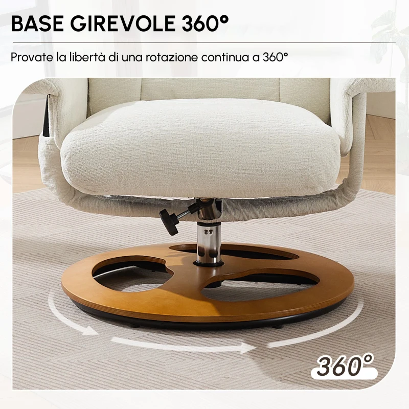 Poltrona relax girevole con funzione massaggiante e riscaldante, schienale e poggiapiedi regolabili, in chenille, 81x83.5x111 cm, Bianco