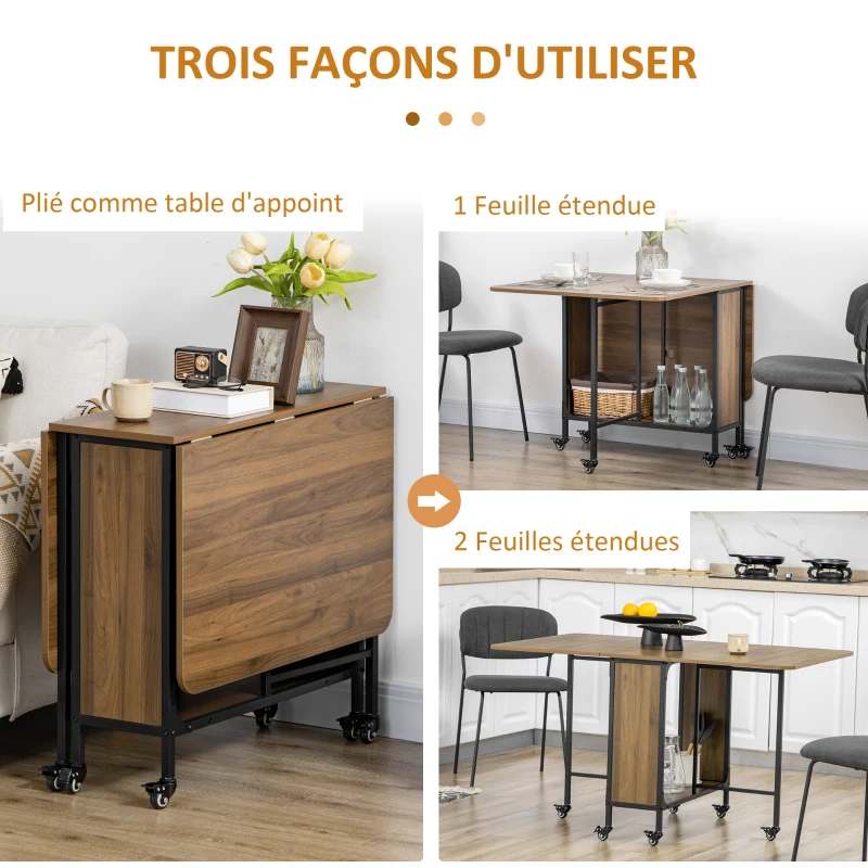 HOMCOM Table à manger pliante sur roulettes, table de cuisine pour 6 personnes avec étagère intégrée, 130 x 80 x 74 cm, marron