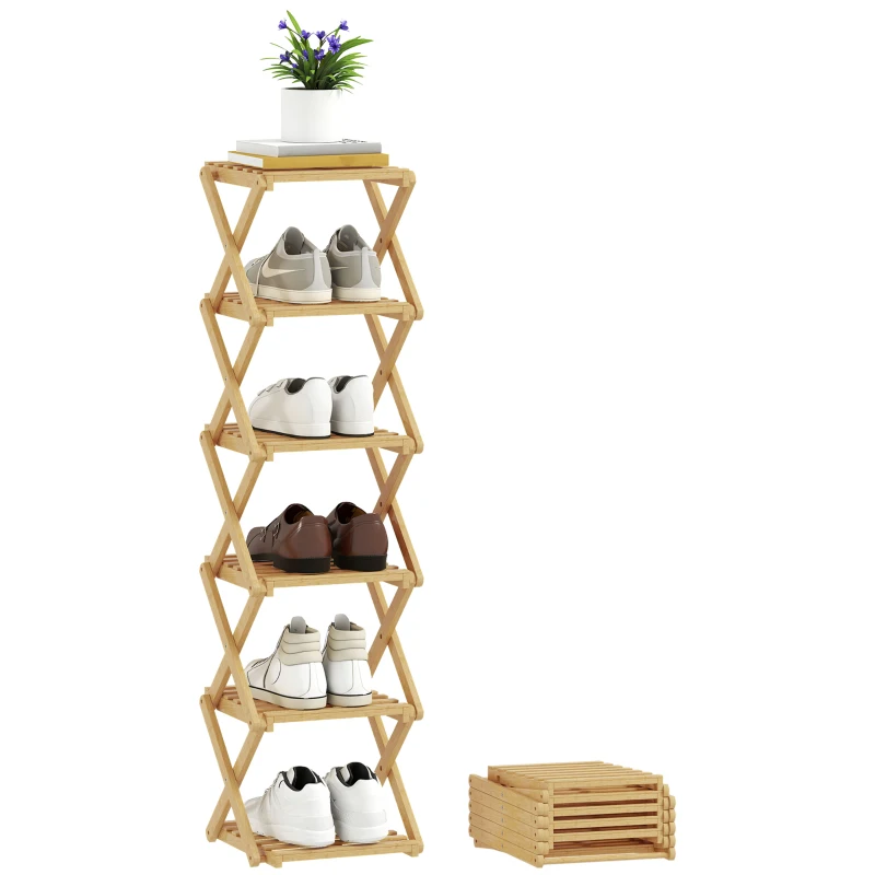 HOMCOM Zapatero plegable, soporte para zapatos de 6 niveles en bambú, para máx. 9 pares de zapatos, 30 x 29 x 108 cm, Madera natural
