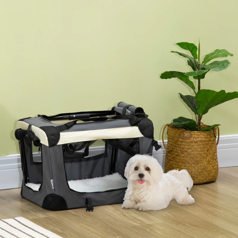PawHut Trasportino per Cani Toy e Gatti fino 4kg Pieghevole con 3 Aperture e Cuscino, 50.5x33.5x35cm, Grigio
