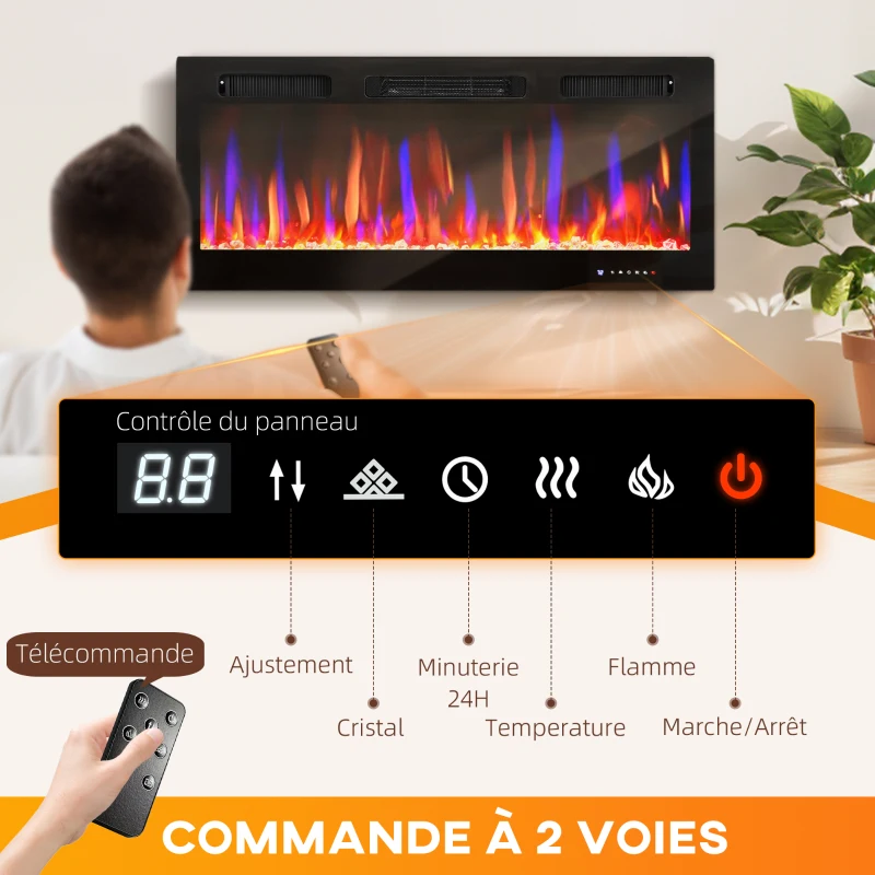 HOMCOM Cheminée électrique mural ou encastrable 900W/1800W, effet flamme à 12 couleurs 5 luminosités, 106,7x9,4x47cm, noir
