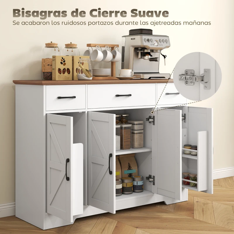 HOMCOM Aparador de Cocina Rústico 4 Estantes de Puerta Estantes Ajustables 3 Cajones 120x38x87 cm Blanco y Nogal