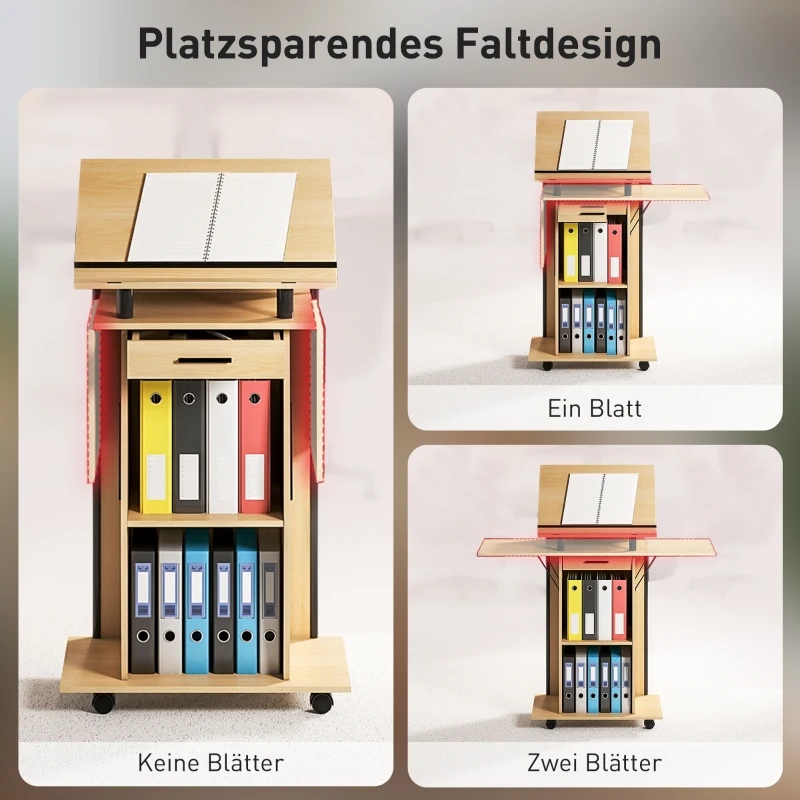 HOMCOM Rollbarer Podiumsständer, Redepult mit klappbaren Seitenflügeln, Laptop-Tisch mit Schublade und Regalen, Eichenoptik