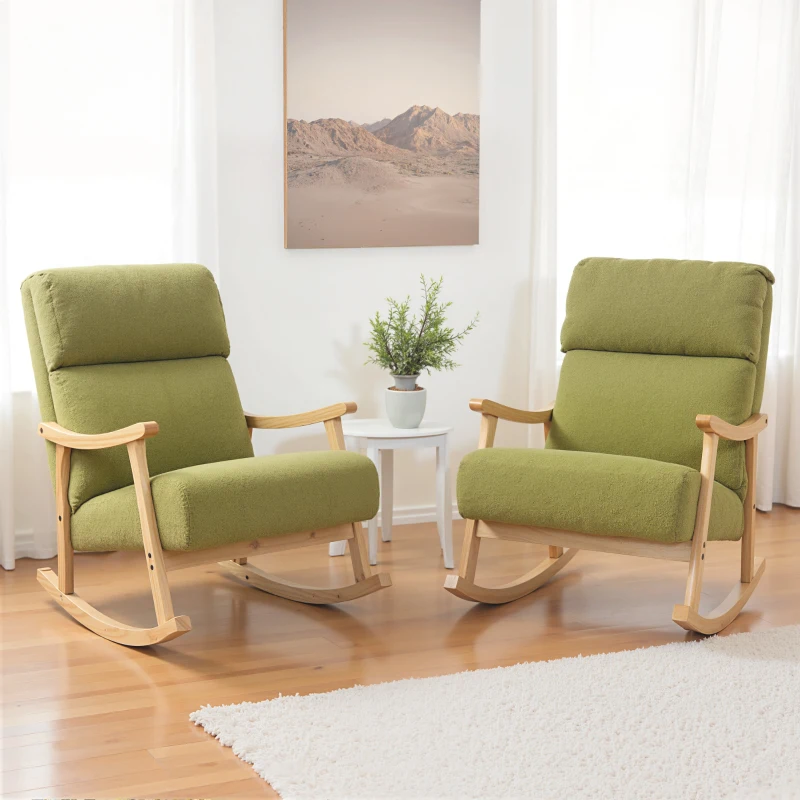 HOMCOM Poltrona Baloiço Moderna em Borrego com Apoio para os Braços de Madeira de Faia Poltrona de Amamentação 65x90x98 cm Verde claro