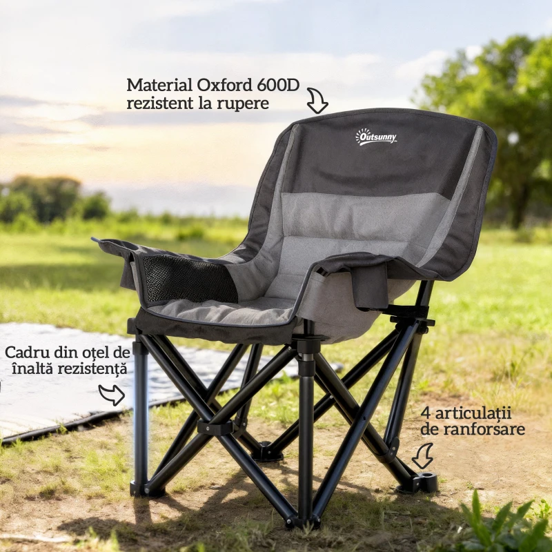 Outsunny Scaun de Camping Pliabil cu 2 Suporturi pentru Pahare și Buzunare Laterale, 99x71x103 cm, Gri