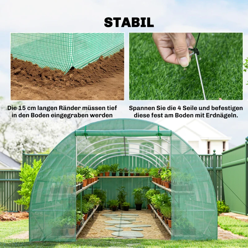 Outsunny Gewächshaus 800x300x200cm Foliengewächshaus Tomatenhaus mit Tür, 12 Fenster, Folientunnel aus verzinktem Stahl, PE, stabiles Treibhaus Pflanztunnel, inkl. Erdanker & Seilen, Grün