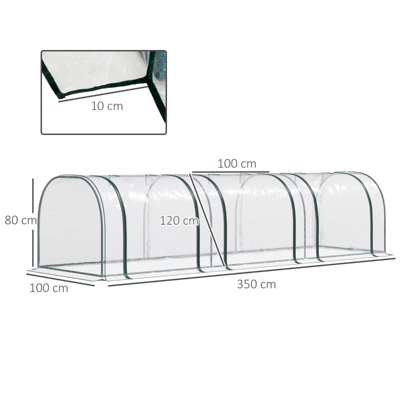 Outsunny Mini Serre de Jardin mini serre tunnel serre à tomates 3,5L x 1l x 0,8H m Acier PVC Haute densité Anti-UV 3 fenêtres avec Zip enroulables Vert et Transparent