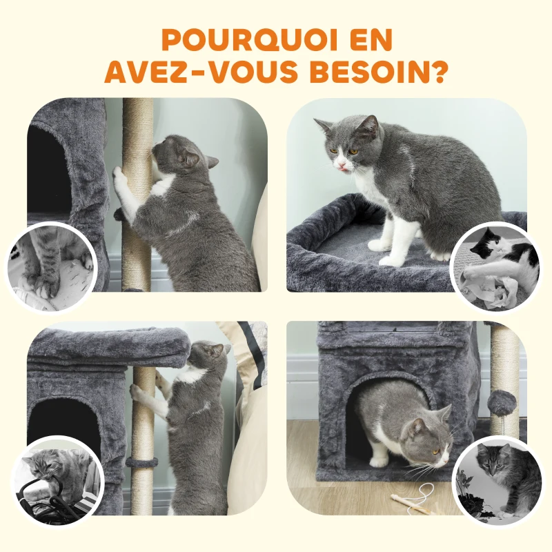 PawHut Arbre à chat, tour de jeux pour chat, plateforme, 2 niches et balle griffoirs en sisal, 45 x 40 x 66 cm, gris foncé