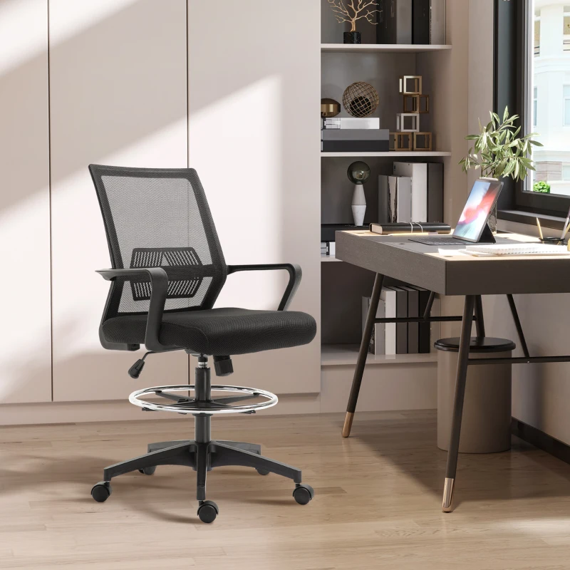 Vinsetto Bureaustoel, In Hoogte Verstelbare Bureau Stoel met Voetsteun, Mesh Rugleuning, Rolbaar, Kunststof, Zwart(m-10)