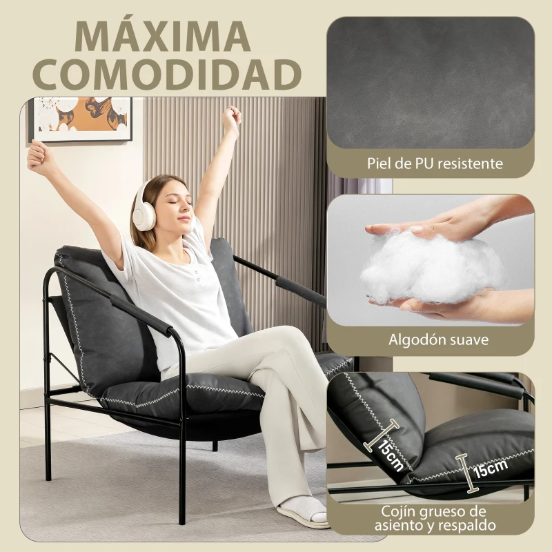 HOMCOM Butaca de Salón Moderna Sillón de Lectura Tapizado en Cuero Sintético Fundas de Cojines Extraíbles Gris Carbón