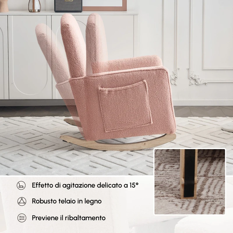 Sedia a dondolo con poggiapiedi e schienale alto, in tessuto Teddy, 67x96-127x96 cm, Rosa