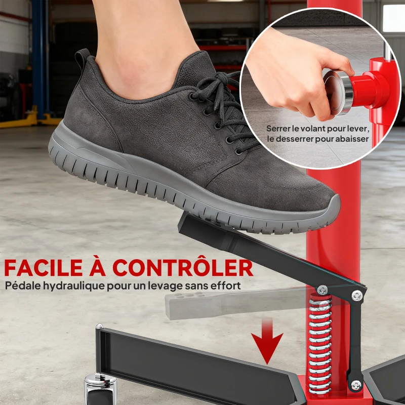 HOMCOM Vérin de fosse hydraulique, cric de levage 500 kg, avec roues pivotantes et pédale, acier, 58 x 58 x 110-191,5 cm rouge