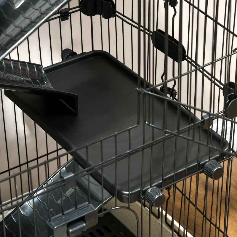 PawHut Gabbia per coniglio, a 5 livelli con 3 porte, 5 rampe, vassoio rimovibile, rotelle, 81 x 52,5 x 159 cm, Nero e grigio