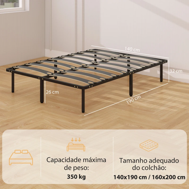 HOMCOM Estrutura 140x190 cm Estrado de Cama de Plataforma de Aço com Ripas de Álamo Fácil de Montar Carga 350 kg Preto
