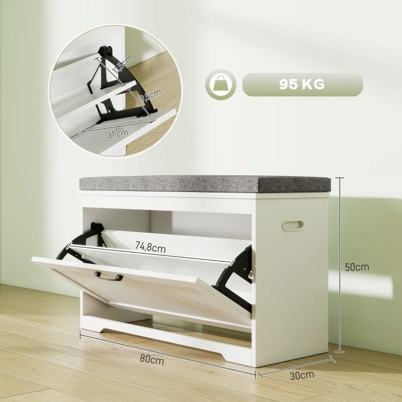 HOMCOM Banco Zapatero Moderno con Asiento Acolchado Estante Ajustable para 8 Pares de Zapatos para Entrada 80x30x50 cm Blanco