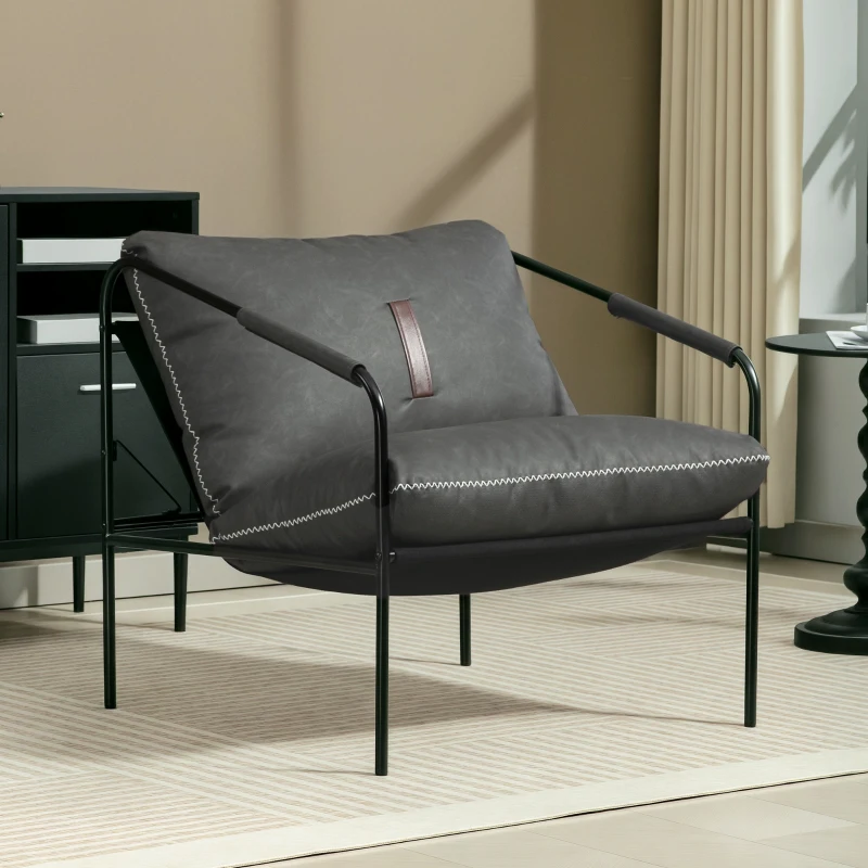 HOMCOM Butaca de Salón Moderna Sillón de Lectura Tapizado en Cuero Sintético Fundas de Cojines Extraíbles Gris Carbón