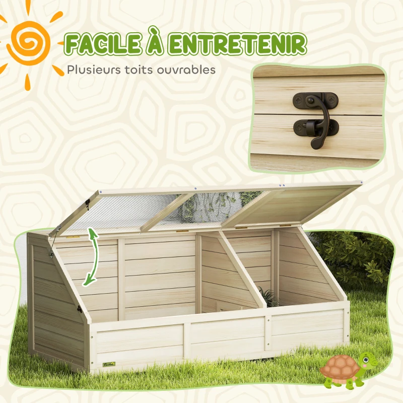 PawHut Maison enclos cage pour petit animal tortue en bois avec couvercle ouvrable, loquets, 2 espaces distincts, bois naturel