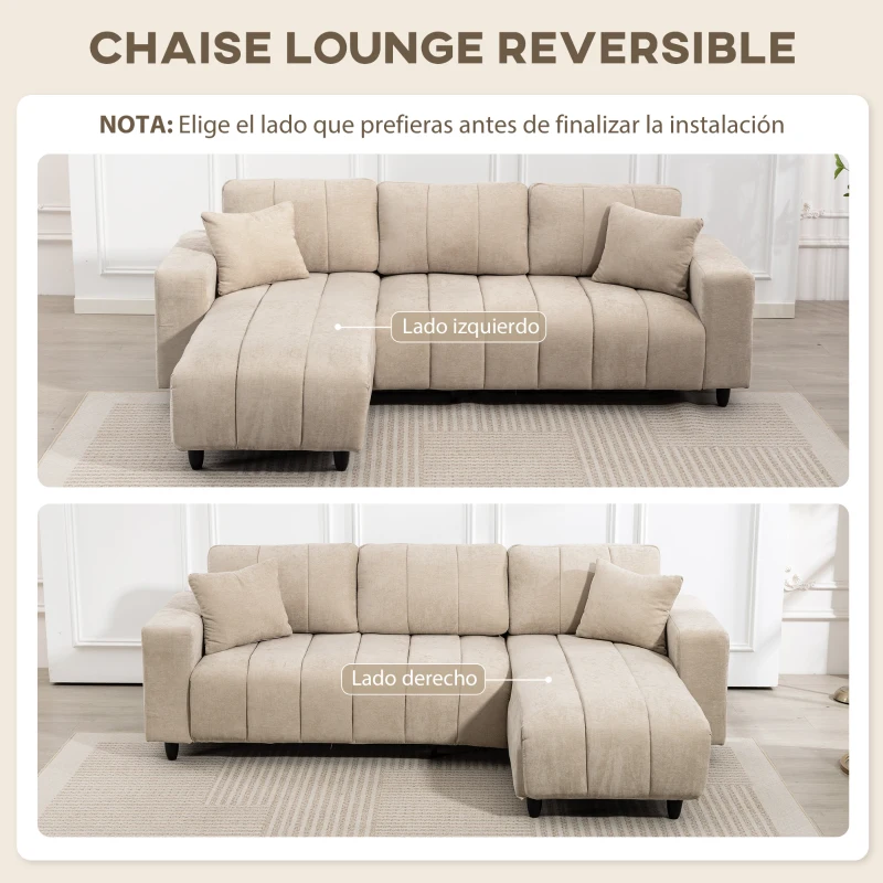 HOMCOM Sofá Chaise Longue Reversible de 3 Plazas 2 Almohadas Tapizado en Lino Marco de Acero 242x156x87 cm Beige