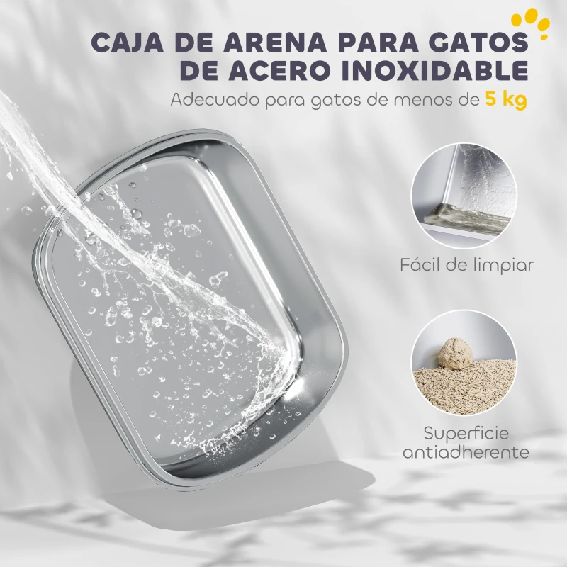 PawHut Arenero para Gatos de Acero Inoxidable L con Tapa Abatible Pala Metálica Bolsa Desodorizante Fácil de Limpiar Blanco